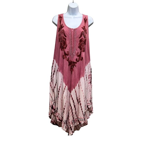 Pink White Tie Dye Intricate Embroidery Handkerchief Hem Resort Wear Dress Sz OS - Picture 1 of 6